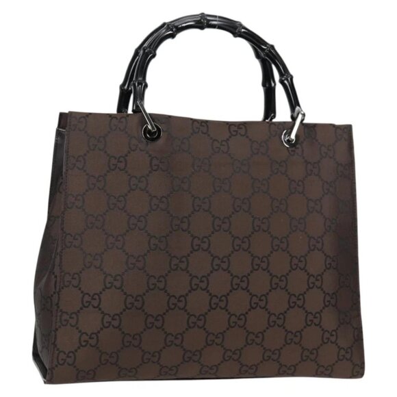 GUCCI GG Canvas Bamboo Hand Bag Nylon Dark Brown Silver - Picture 1 of 16